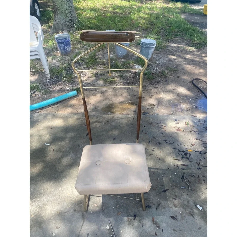 Vintage Pearl-Wick Valet Chair Mid Century Modern Brass Wood Suit‎ Stand Rack